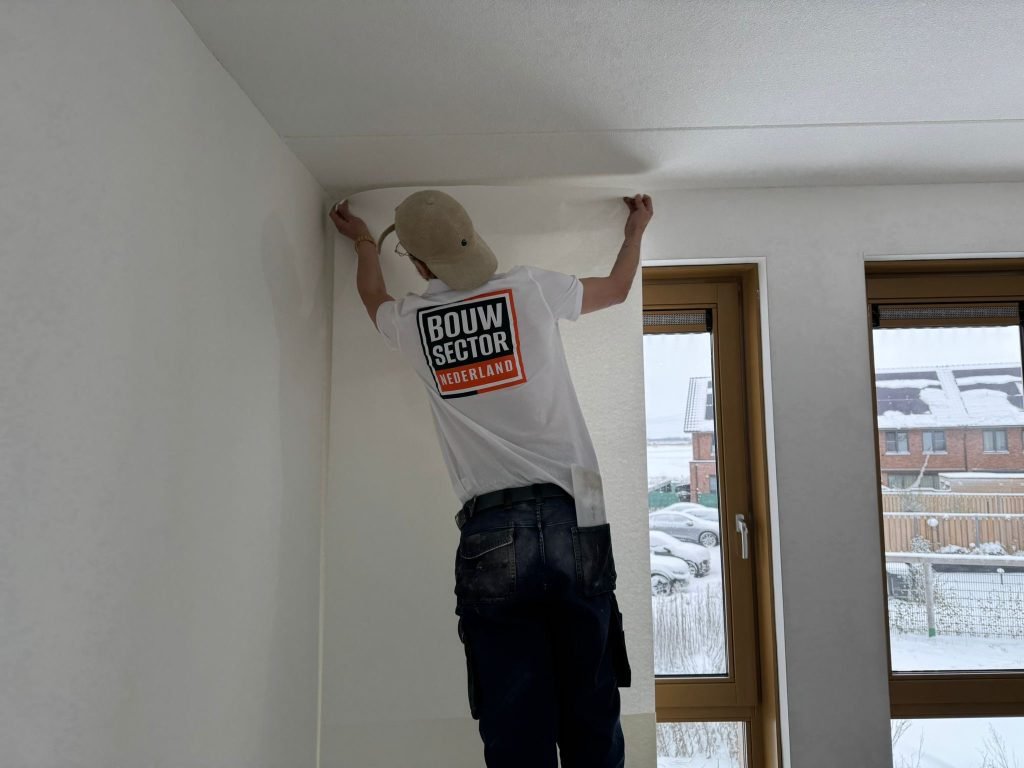 Vakman van Bouwsector Nederland werkt een baan behang af tot tegen het plafond